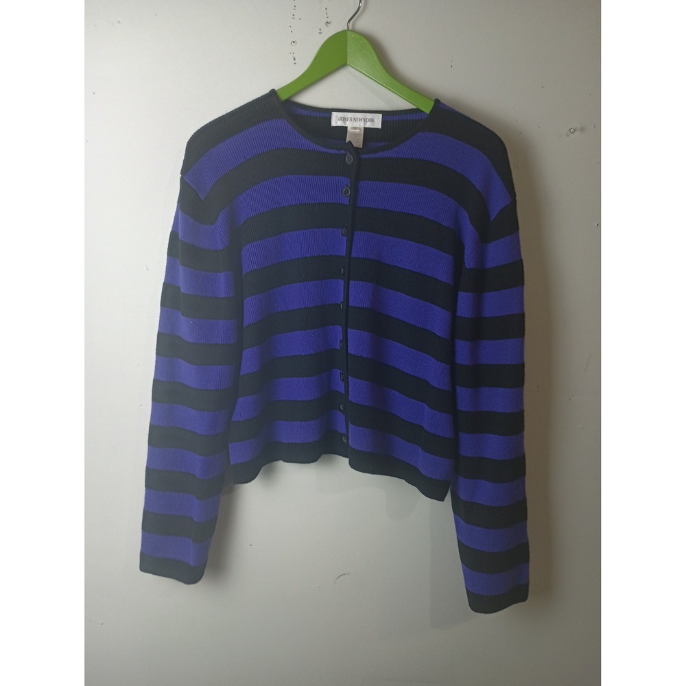 Jones New York Vintage Purple Black Striped Lambswool Blend Cardigan Sweater M